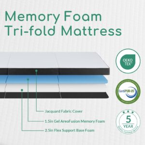 Airdown Tri-Fold Memory Foam Mattress, 3 inch Full Folding Mattress with Washable Cover, Foldable Mattress Portable for RV Camping, Guest Mat, Easy Storage, 75"×54"×3"