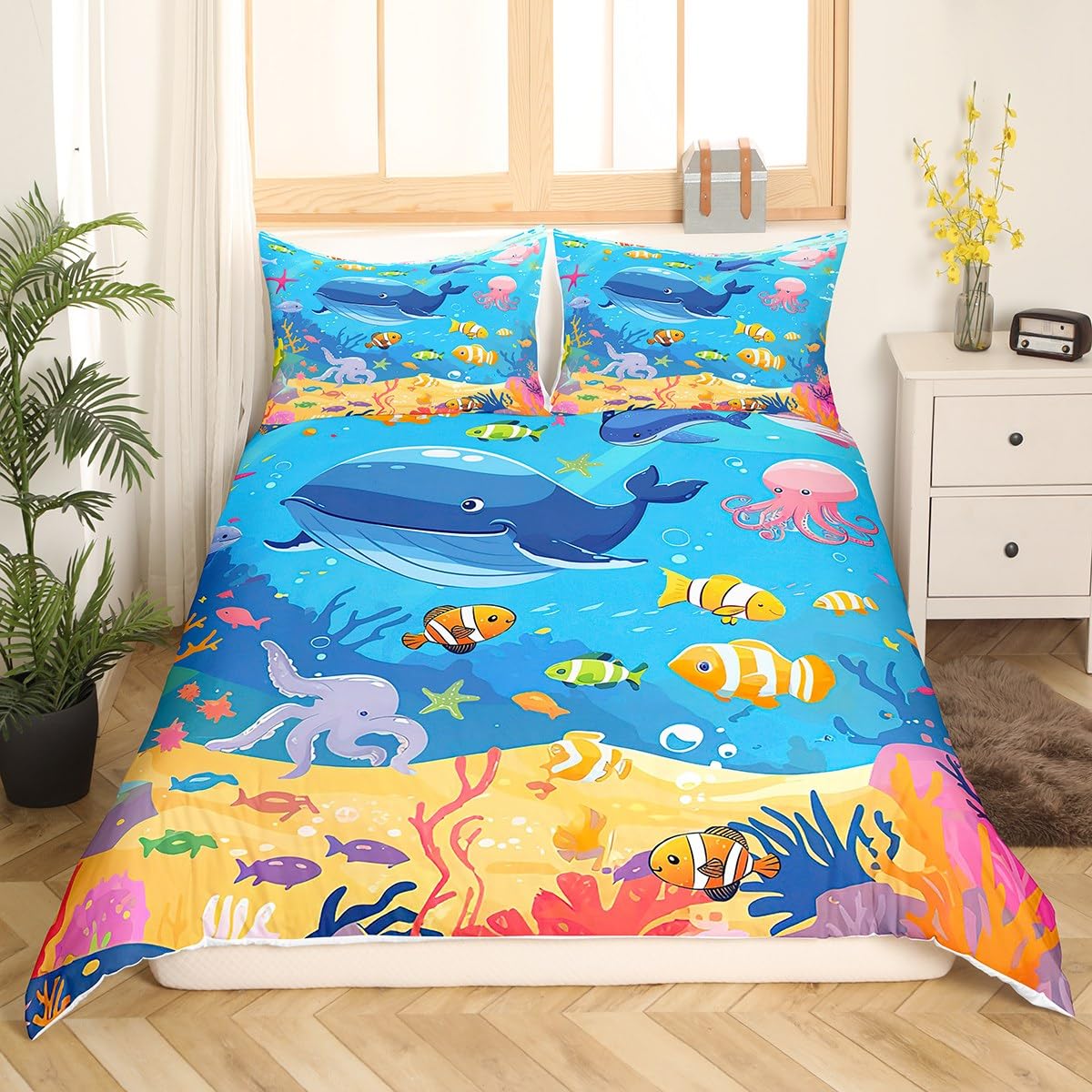 Feelyou Cartoon Cute Marine Animals Bedding Set Twin Size Kids Fish Dolphin Octopus Comforter Cover Set for Boys Girls Teens Underwater World Duvet Cover Summer Ocean Bedspread Cover Room Decor