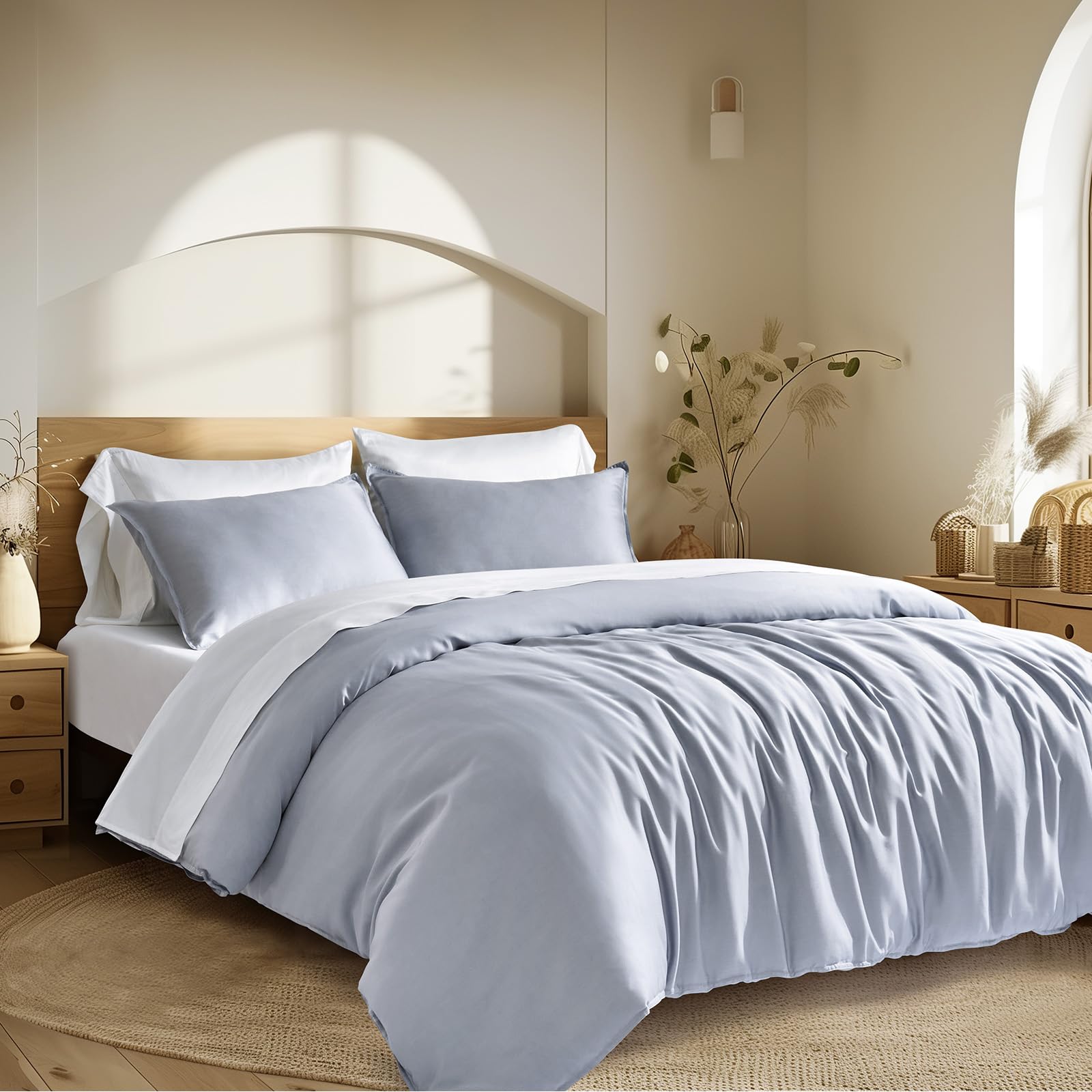 EVERGRACE Tencel Lyocell Cooling Duvet Cover Set King Size 3 Piece, 100% Natural Eucalyptus Lyocell Fiber from Austria, Luxury Silky Soft Comforter Cover with 2 Shams, Pearl Blue, 90"x104"