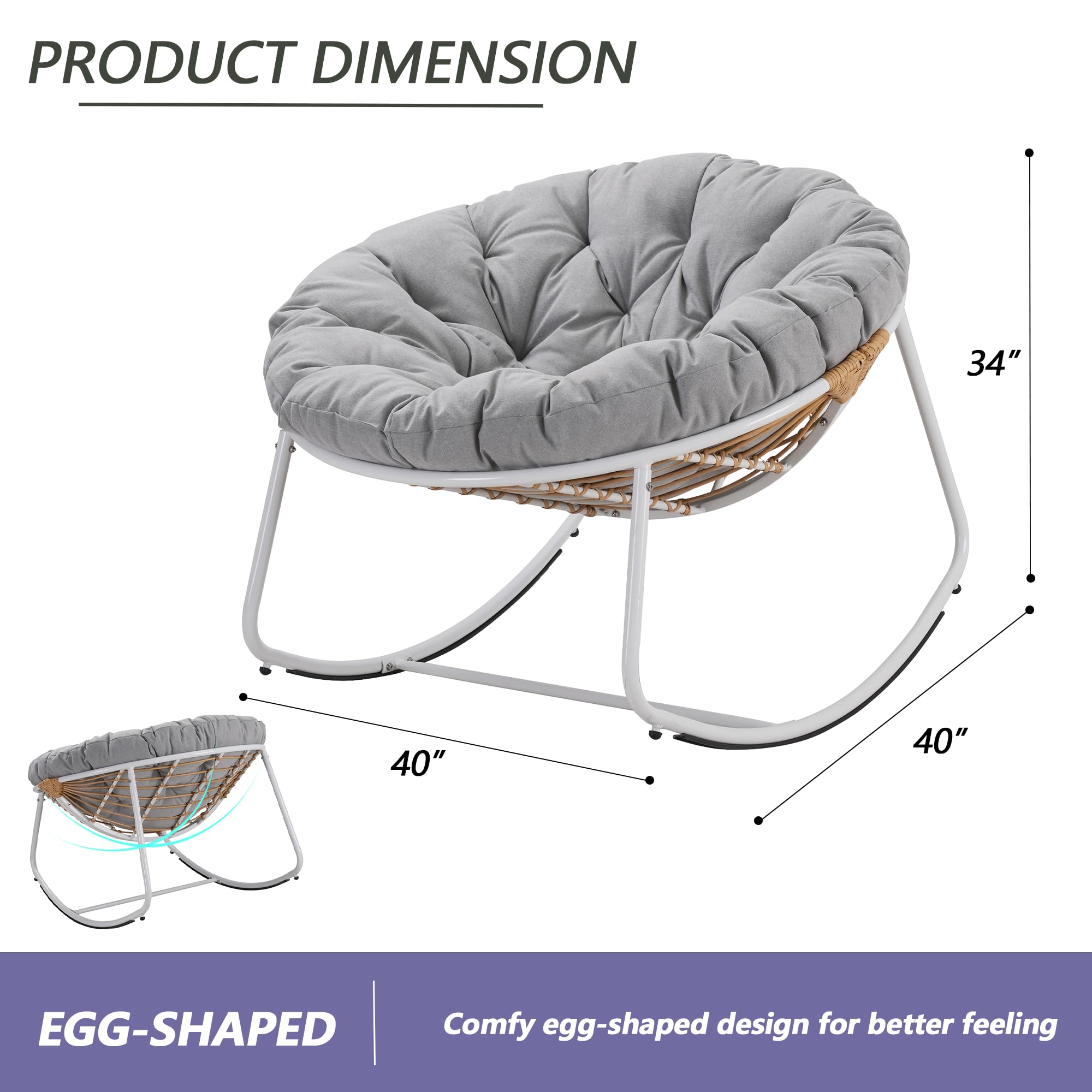 Naga Bahna Outdoor Round Rocking Chair, Patio Wicker Egg Chair, Comfy Oversized Papasan Chair with Light Grey Padded Cushion, Royal Rattan Rocker for Living Room, Front Porch, Patio