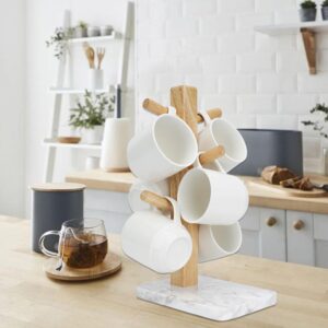 WORHE Marble Mug Holder Thicker Base Coffee Cup Holder with 6 Hooks Stand for Countertop, Mug Stand Hanger for Coffee Bar Accessories and Decor Coffee Organizer Station White (WH032)