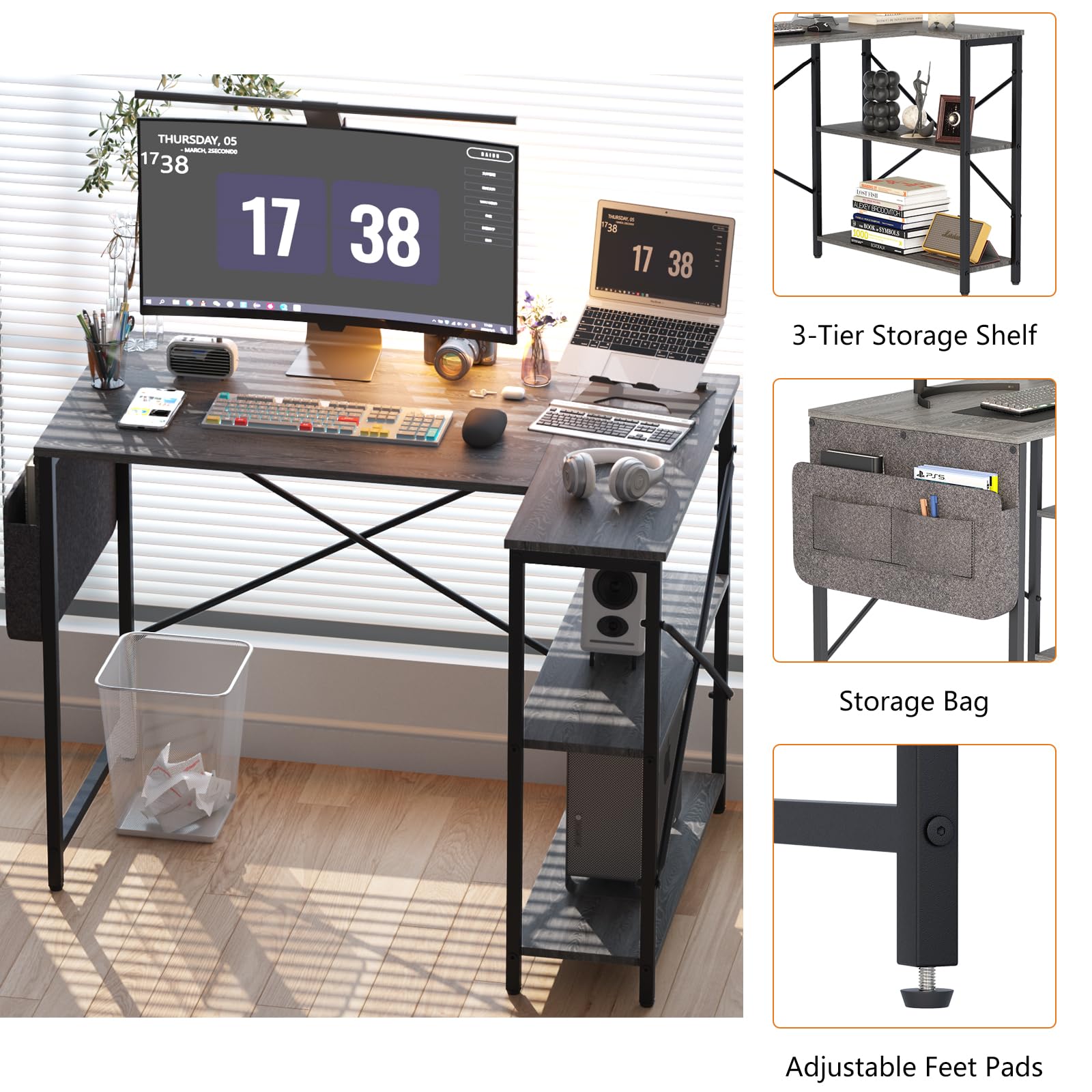 Wolawu Computer Desk L Shaped Home Office Desk,40 Inch Gaming Desk with Storage Shelves and Bag, Modern Simple Bedroom Table Corner Desk for Study Writing Work,Grey