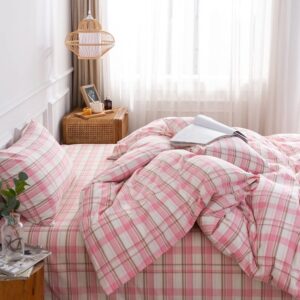 TazmKezm Pink Grid Duvet Cover Set 100% Washed Cotton Duvet Cover King Size (104x90 Inch),3 Pieces Luxury Soft Bedding Set with Zipper Closure.Solid Color Pattern Duvet Cover