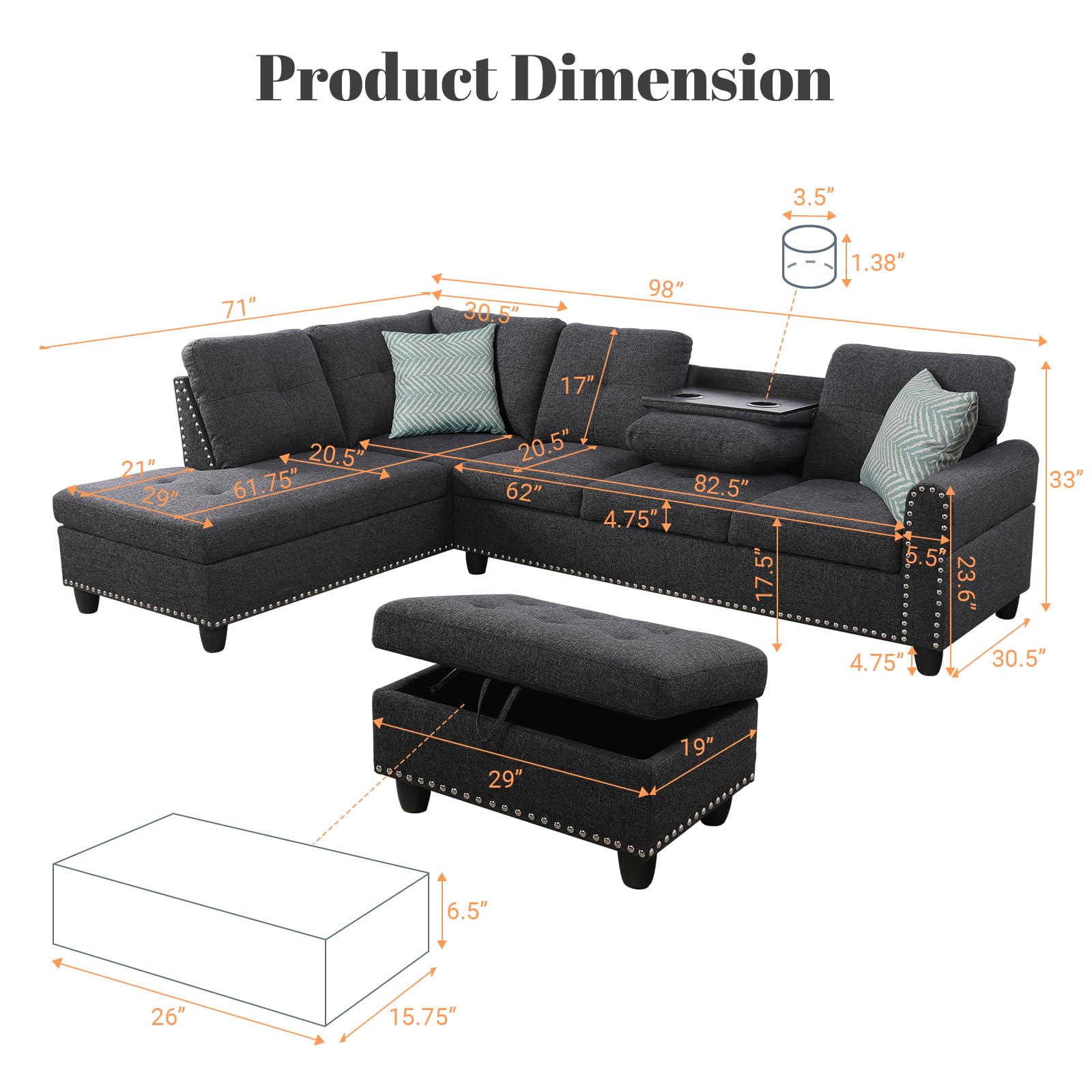 Rovibek L Shaped Sectional Couch with Ottoman and Pillows, 2 Cup Holders Design Living Room Sofa Set for Apartment, Office