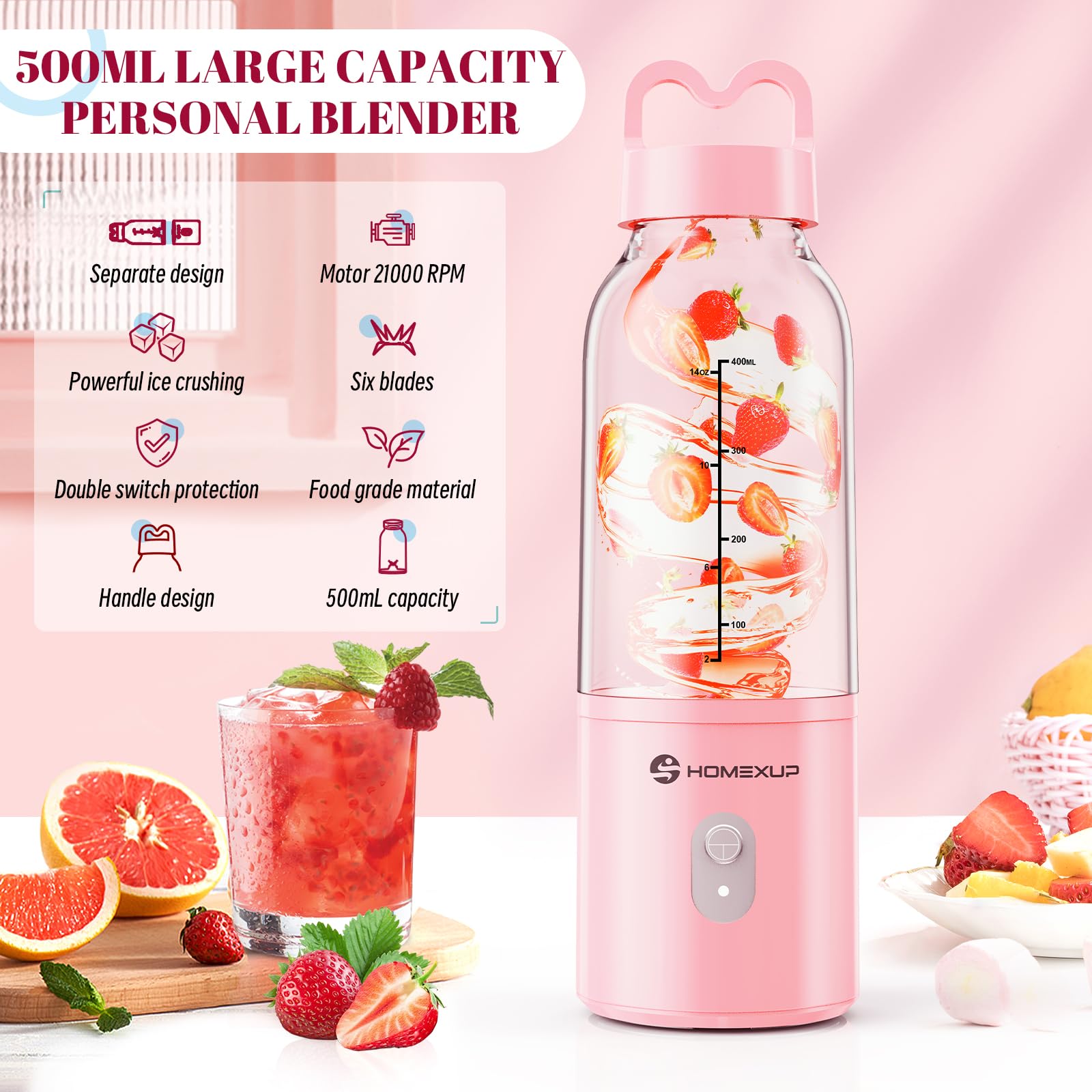 Portable Personal Blender 17 OZ/500 ML Juicer, 175W Personal Size Blender, Ideal for Smoothies, Ice Blending, Juicing, and Food Processing, Compact, Convenient, and Versatile (Pink)