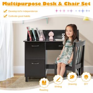 HONEY JOY Kids Desk and Chair Set, Wooden Children School Study Table and Chair w/Drawer, Storage Shelf & Cabinets, Student Computer Workstation Writing Desk for Bedroom, 3-8 Years Old (Dark Brown)