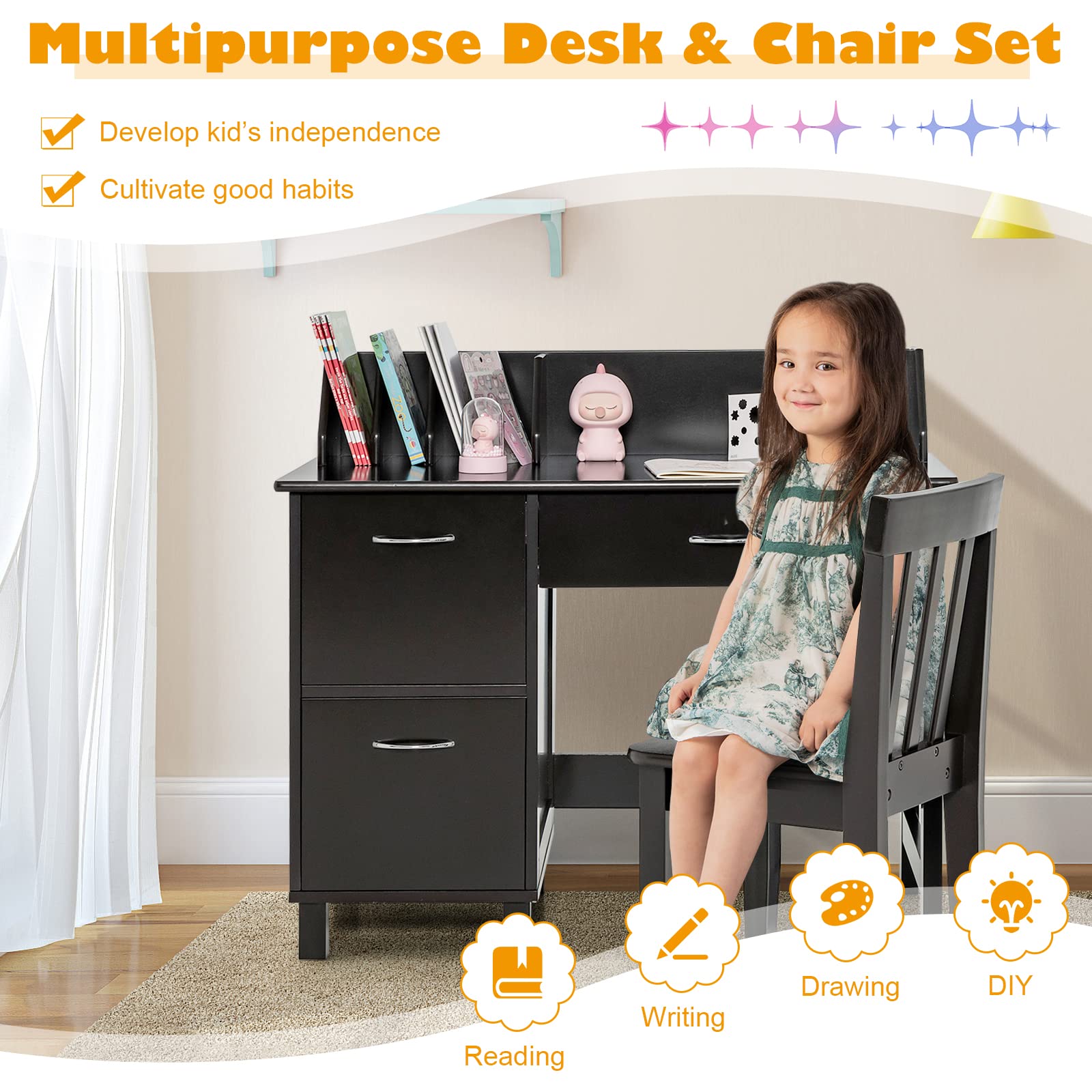 HONEY JOY Kids Desk and Chair Set, Wooden Children School Study Table and Chair w/Drawer, Storage Shelf & Cabinets, Student Computer Workstation Writing Desk for Bedroom, 3-8 Years Old (Dark Brown)