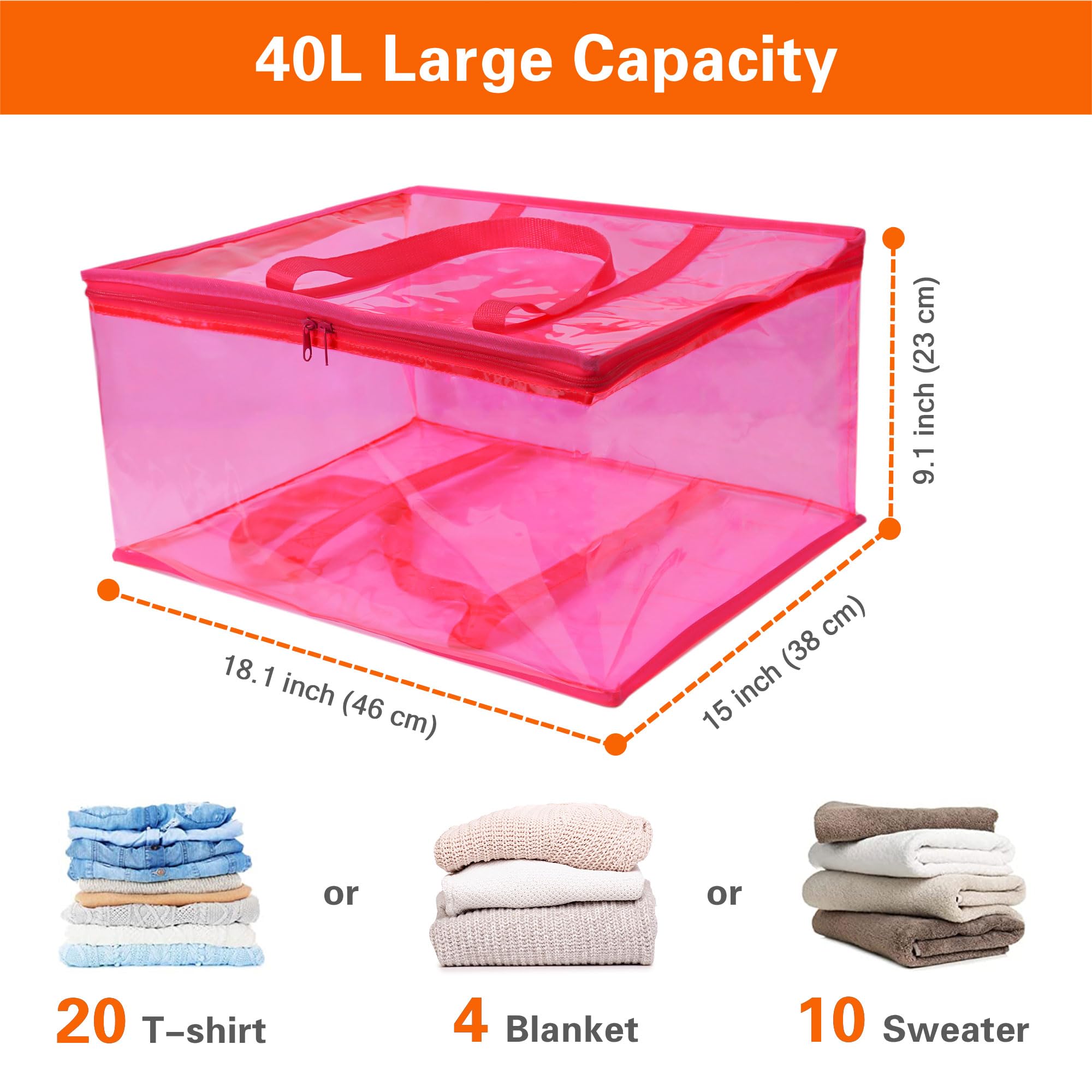 Vieshful 4 Pack Clear Clothes Storage Bag, 40L Zippered Closet Organizer, Plastic Storage Containers Moving bags for Comforter, Blanket, Bedding, Duvet, Toys, Pink