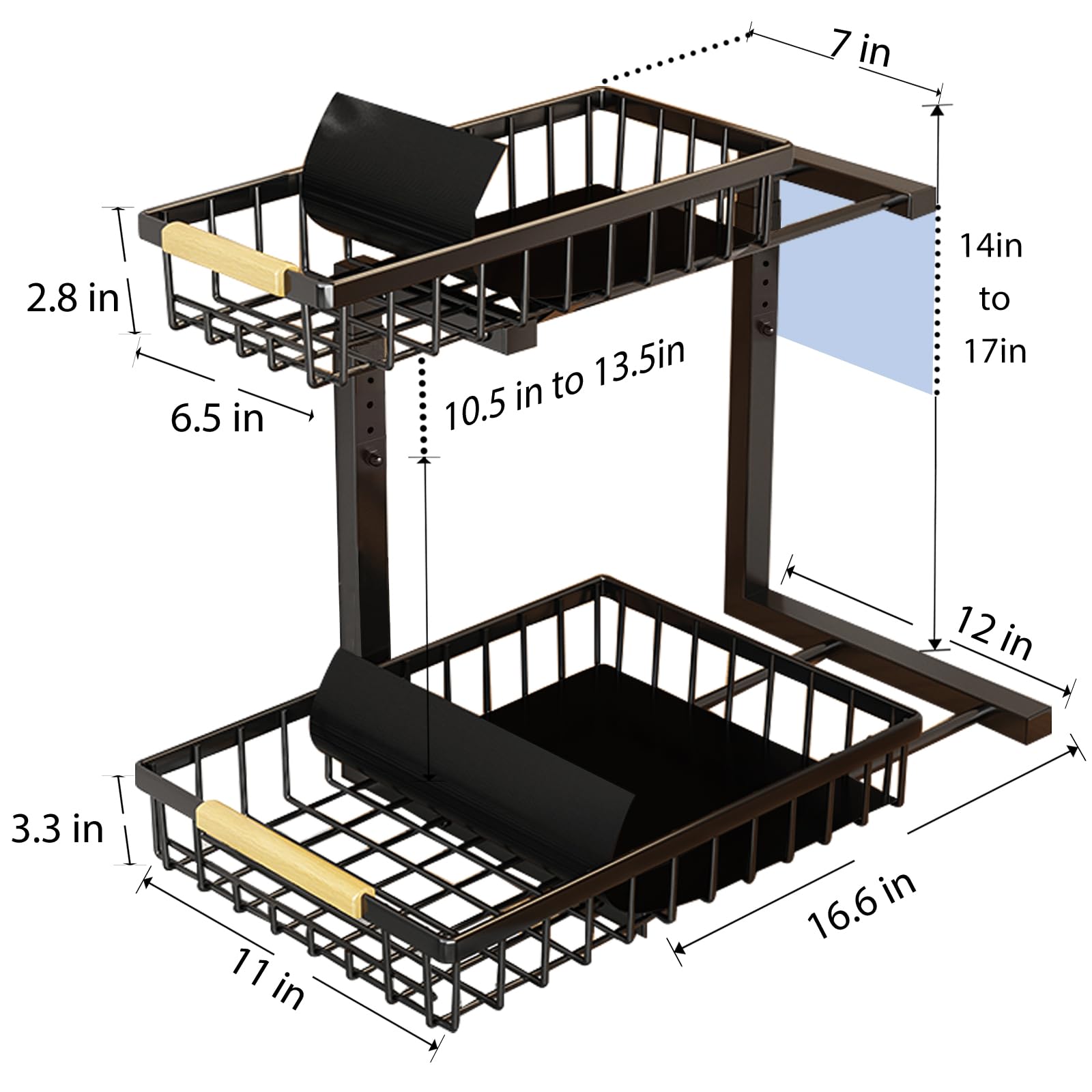 APXPF 2 Pack Under Sink Organizer 2 Tier Under Sink Organizers and Storage Adjustable Kitchen Pull out Cabinet Organizer Metal Sliding Drawer for Bathroom Pantry Cabinet Closet Organization Rack Black