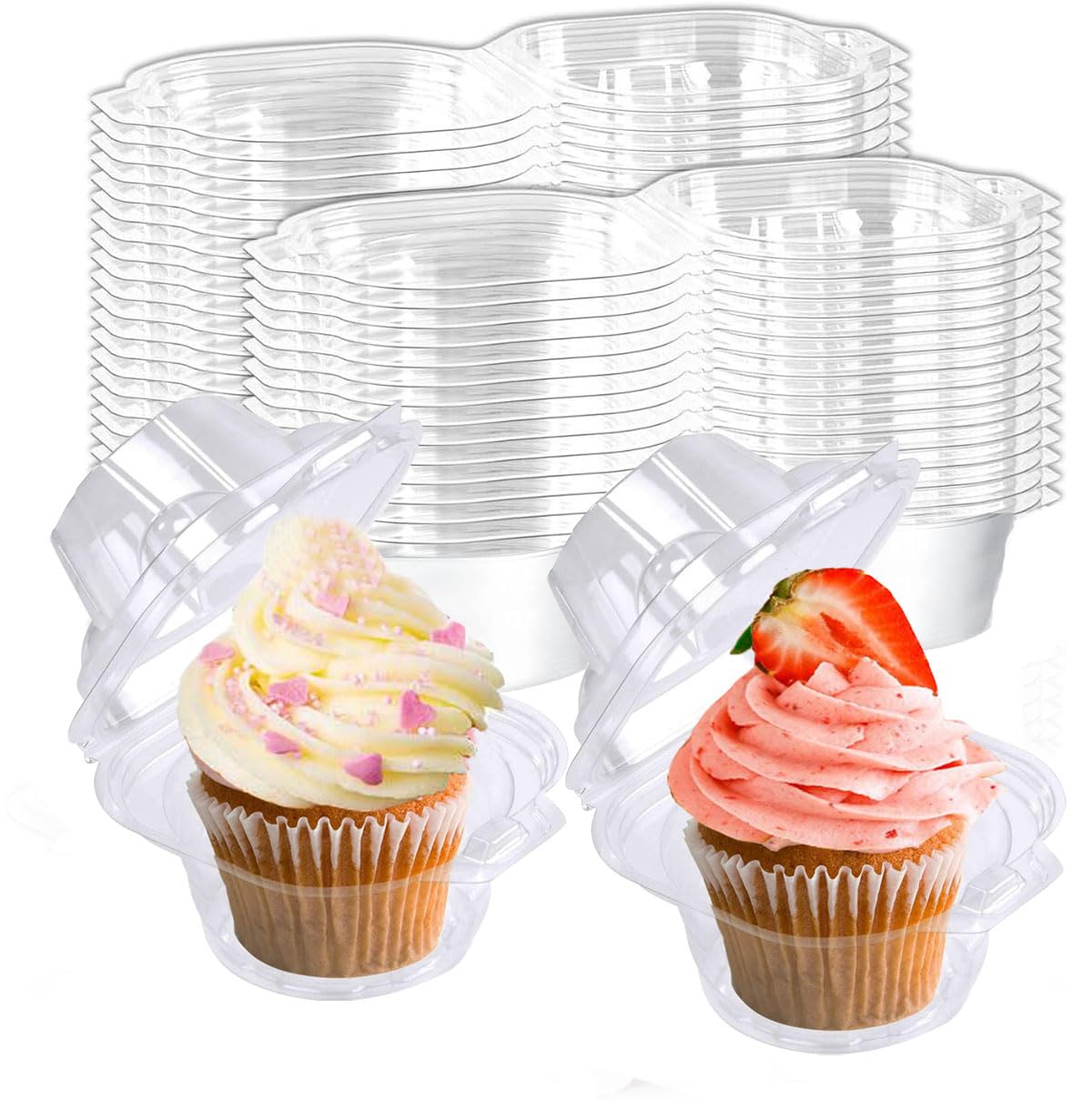 Mistari 50 Pack Individual Cupcake Containers Plastic Cupcake Boxes Disposable Cupcake Holders Stackable Deep Dome Cupcake Carrier with Airtight Dome Lid, BPA Free, Clear