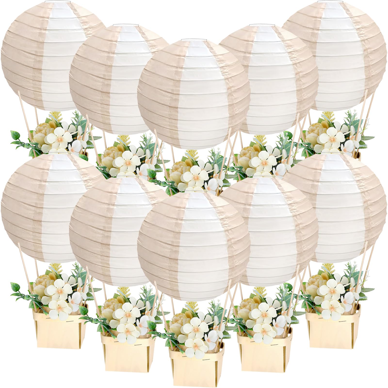 Retisee 12 Sets Baby Shower Hot Air Balloon Centerpieces with 10 Inch Large DIY Paper Lanterns, Wooden Berry Boxes and Sticks for Wedding Birthday Party Favor Gifts Gender Reveal Table Decoration