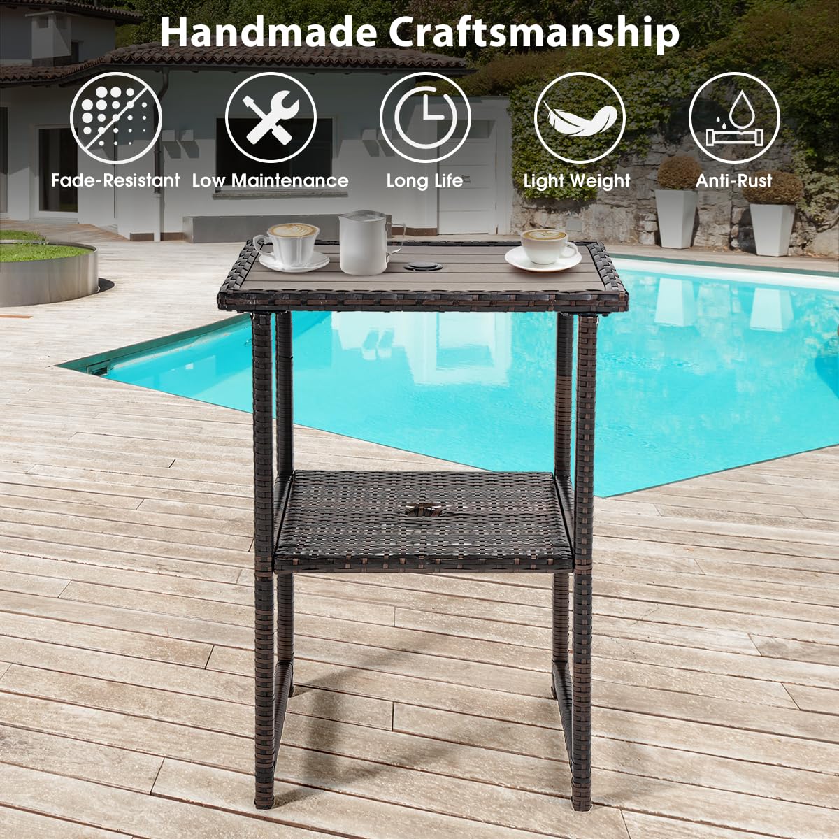 Sundale Outdoor Bar Table, Patio 36" Height Wicker Pub Counter with Umbrella Hole, All Weather High Top Bistro Table for Outside Deck Porch Balcony Poolside, Variegated Brown