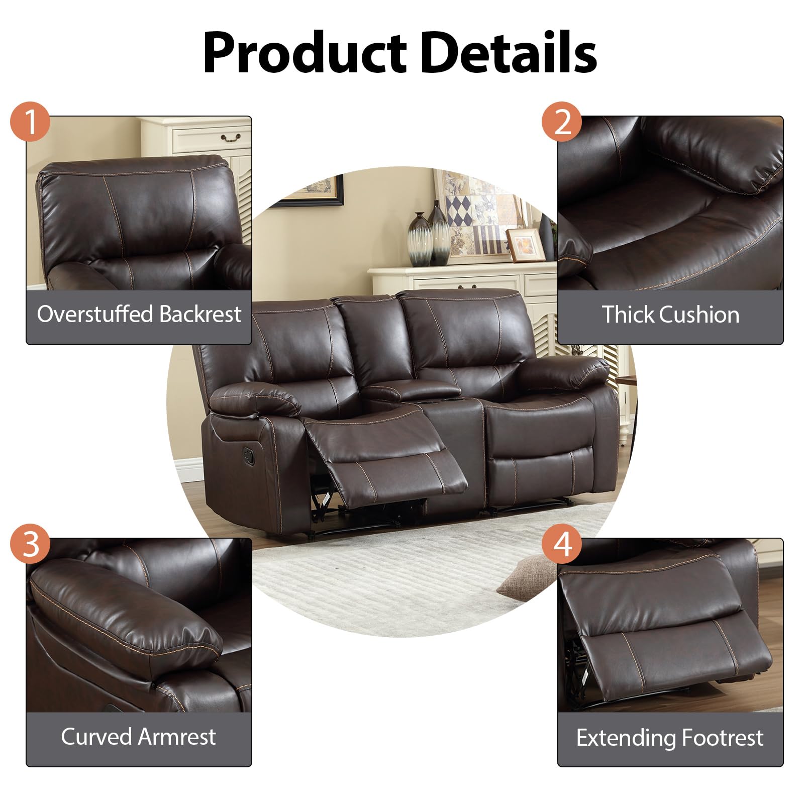 EBELLO Faux Leather Manual Loveseat Recliner, Reclining Couch Sofa with 2 Cup Holders, Hidden Storage, Overstuffed Comfortable Armrest Double Recliner Set for Living Room, Brown (Loveseat)