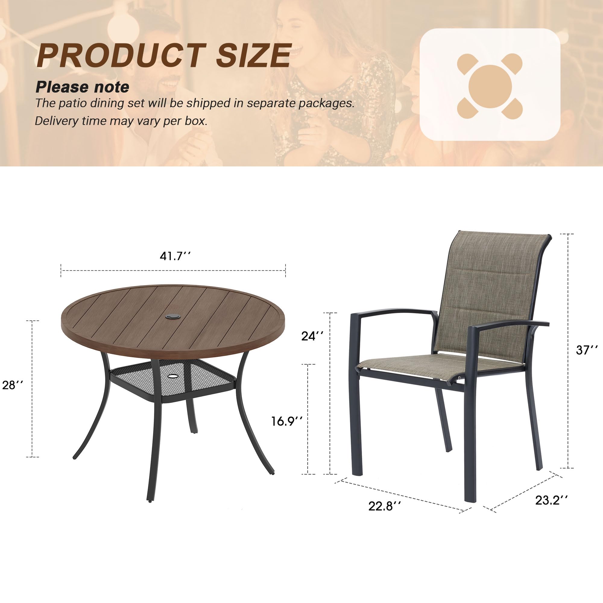 VICLLAX Patio 5 Pieces Outdoor Dining Set, 42" Round Metal Table with Umbrella Hole and 4 Stackable Cotton-Padded Textilene Chairs for Lawn, Garden, Porch, Walnut/Black