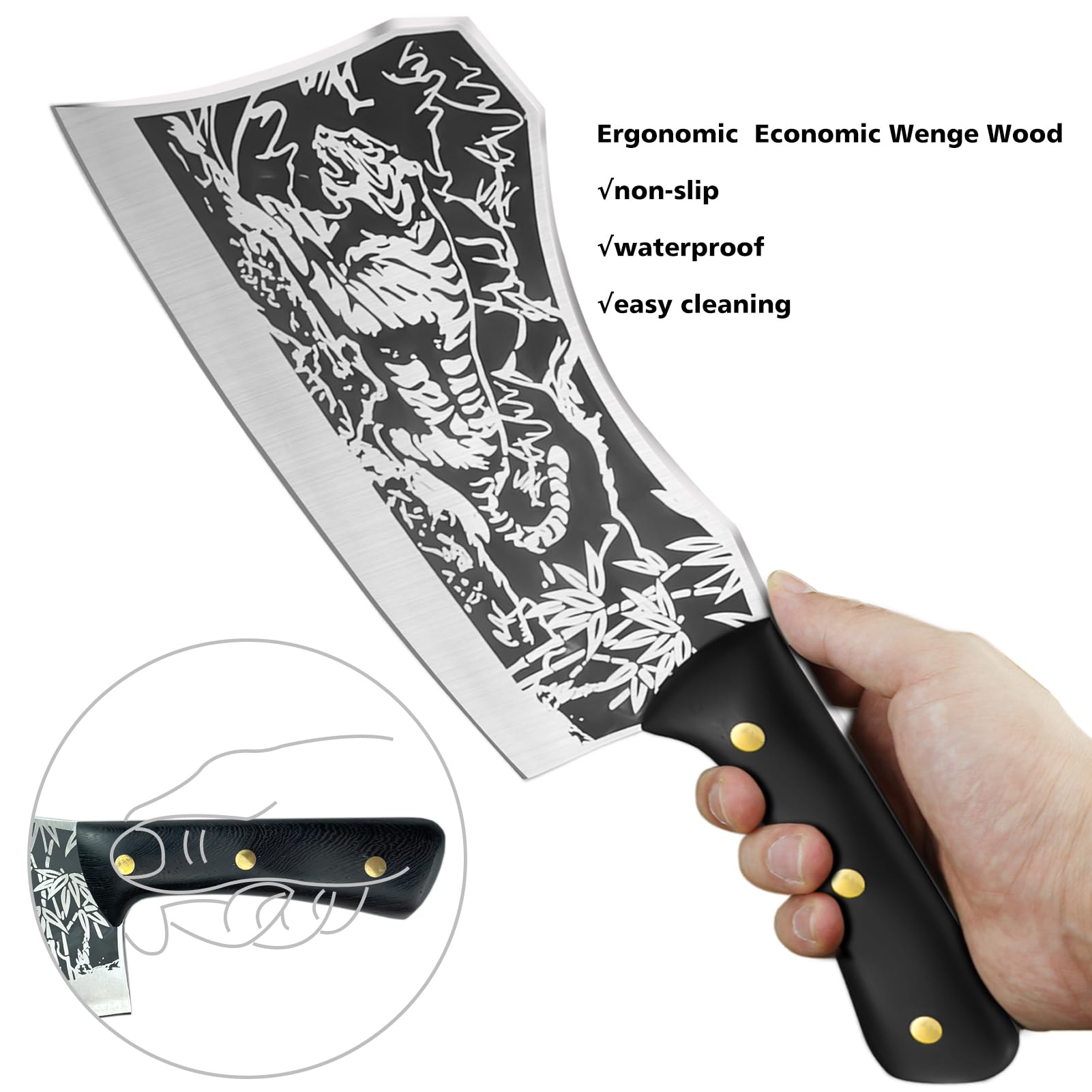 Ogival Meat Cleaver, Meat Chopper with Tiger Pattern, Bone Chopper High Carbon Stainless Steel Butcher Knife with Full Tang Handle, for Kitchen and Restaurant