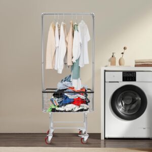 Rolling Laundry Hamper Basket Cart Metal laundry basket with Wheels & Wire Storage Rack and Hanging Rack Wire Basket Cart Commercial Rolling Laundry Butler