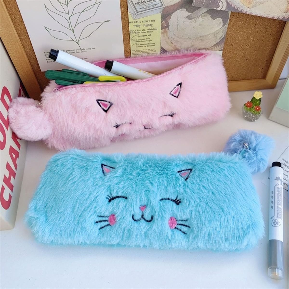 Cat Plush Pen Pouch Box with 2Pcs Kawaii Pens Cute Pen Organizer Case Aesthetic Adorable Estuche para Lapices (Pink)