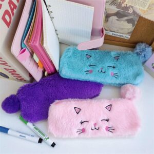 Cat Plush Pen Pouch Box with 2Pcs Kawaii Pens Cute Pen Organizer Case Aesthetic Adorable Estuche para Lapices (Pink)