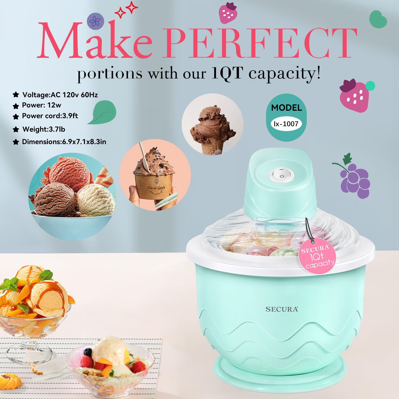 Secura Ice Cream Maker, DIY Visualization Ice Cream Machine for Gelato, Sorbet, Frozen Yogurt, Perfect for Beginners, Food Grade Safe Material, 1QT