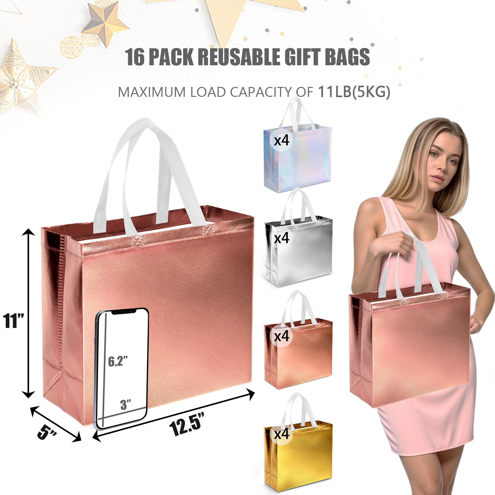 JOHOUSE 16PCS Party Favor Bags with Handles, 12.6 x 5 x 11 Inch Large Reusable Gift Bags with Glossy Finish Gold Silver Rose Iridescent Non-woven Bags for Kids Birthday Wedding Party Favors