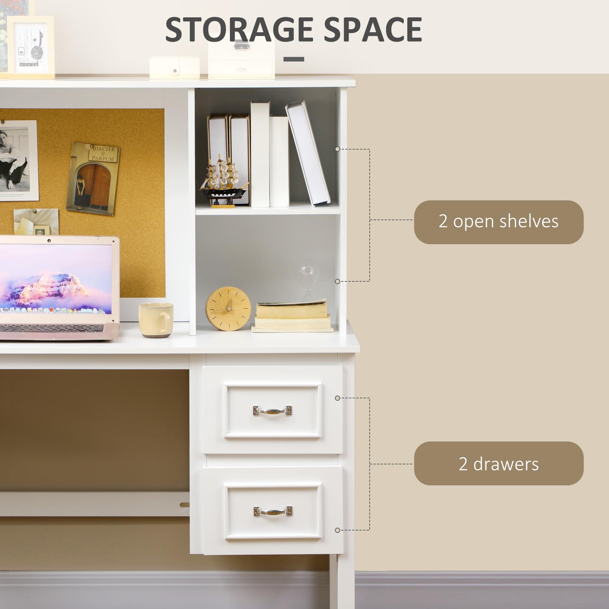 HOMCOM Computer Table with Storage Shelves, Home Office Desk with 2 Drawers, Cable Management Hole, Corkboard - White