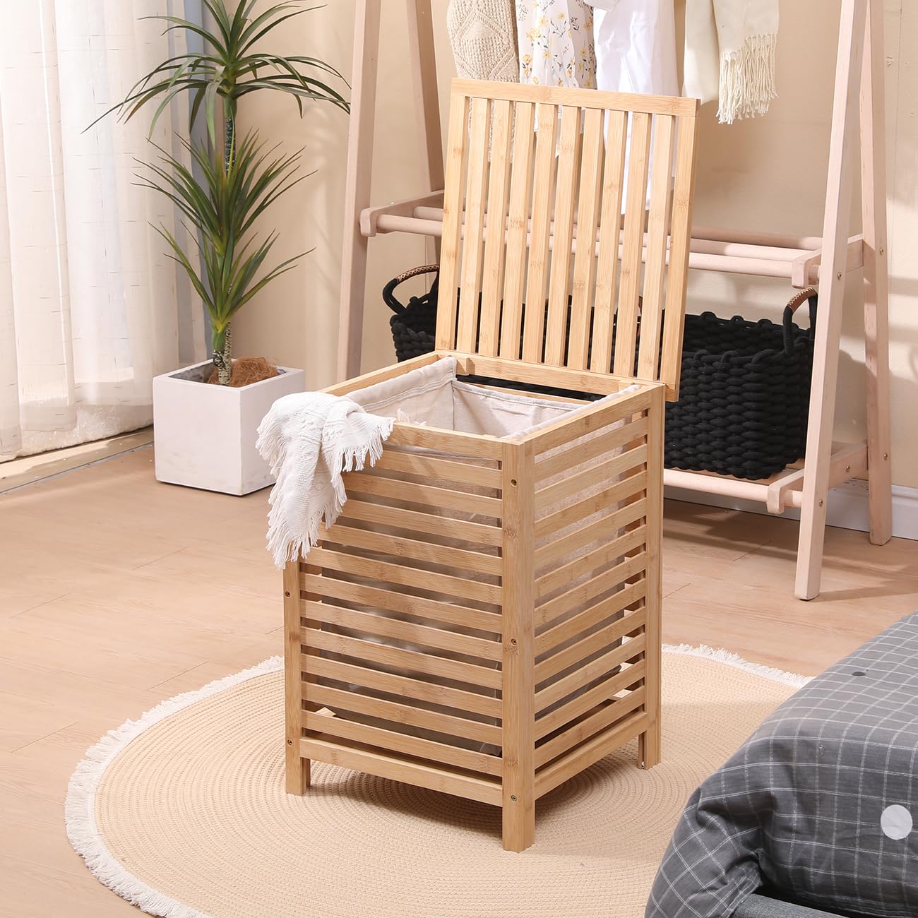 BELIFEGLORY Laundry Hamper with Lid Bamboo Laundry Basket with Removable Liner Bag Dirty Clothes Hamper, 15 x 15 x 21.9 Inches