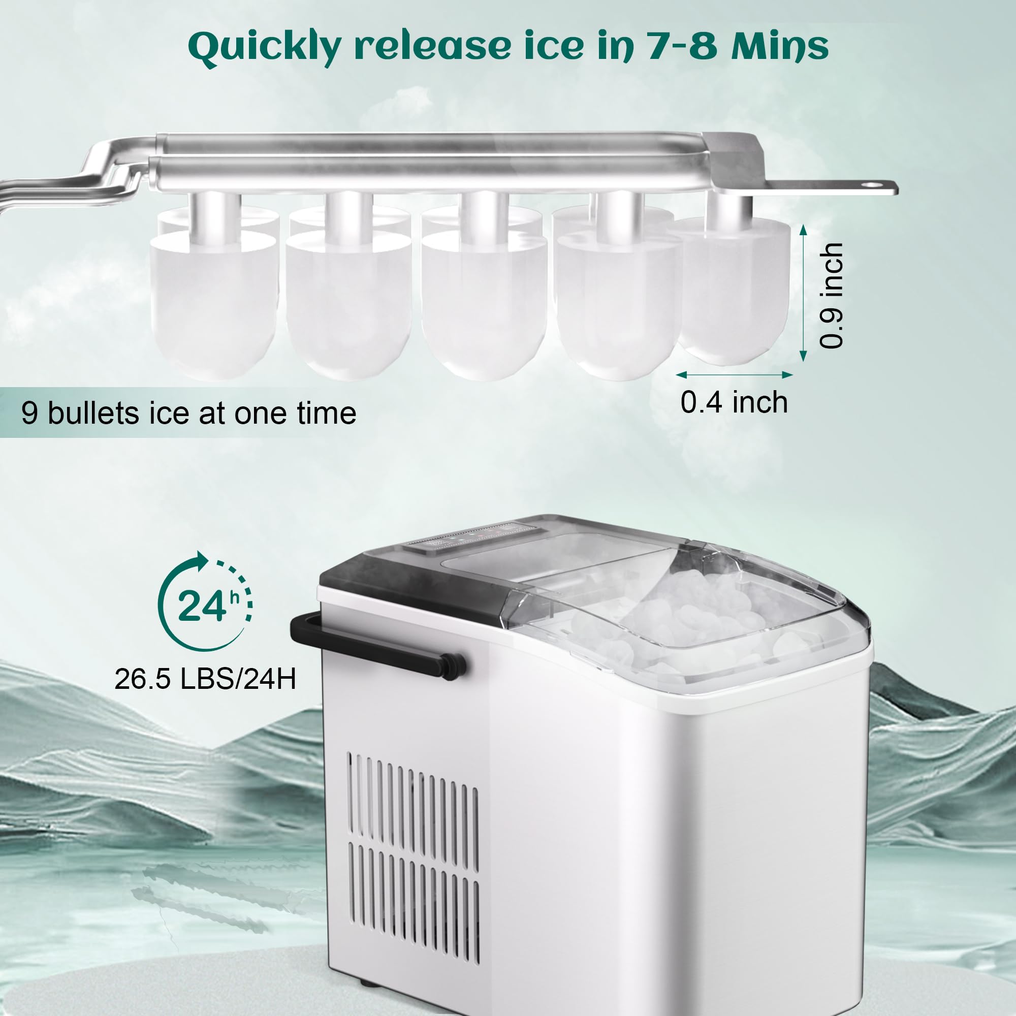 rosmena Bullet Ice Maker, 26.5 lb/24H Counter Top Ice Maker with Self-Cleaning Function, 9 Cubes Ready in 7-8 Mins, Portable Ice Maker Suitable for Home, Office, Kitchen, RV