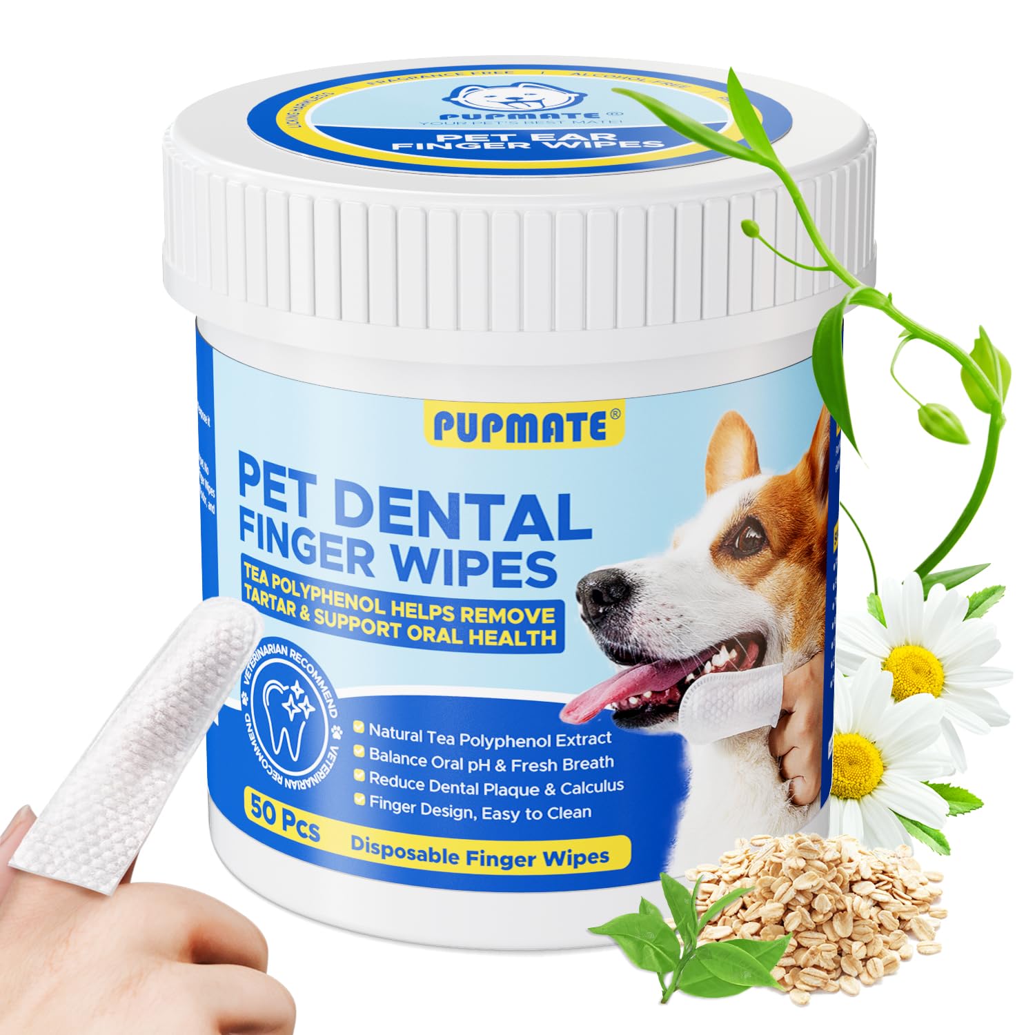 PUPMATE Dental Care Wipes for Dog & Cat- Teeth Cleaning Finger Wipes for Plaque and Tartar Removal, Safe & Gentle Disposable Toothbrush Wipes for Fresh Breath & Gum Care - 50 Pcs