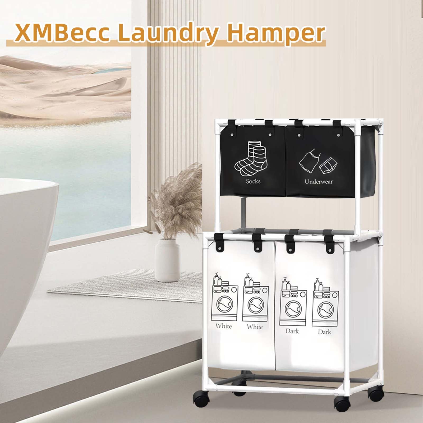 Laundry Hamper, laundry sorter 4 sections for Dirty Clothes, Rolling Laundry Basket with Large Capacity and Removable Bags for Clothes Storage,Large Laundry Storage for Room,White