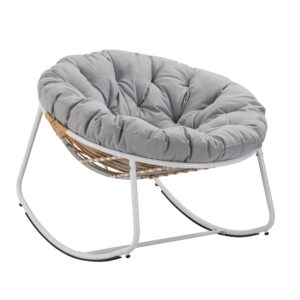 Naga Bahna Outdoor Round Rocking Chair, Patio Wicker Egg Chair, Comfy Oversized Papasan Chair with Light Grey Padded Cushion, Royal Rattan Rocker for Living Room, Front Porch, Patio