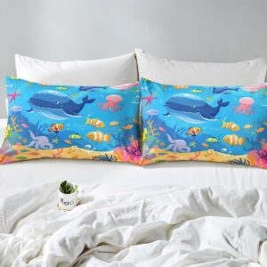 Feelyou Cartoon Cute Marine Animals Bedding Set Twin Size Kids Fish Dolphin Octopus Comforter Cover Set for Boys Girls Teens Underwater World Duvet Cover Summer Ocean Bedspread Cover Room Decor