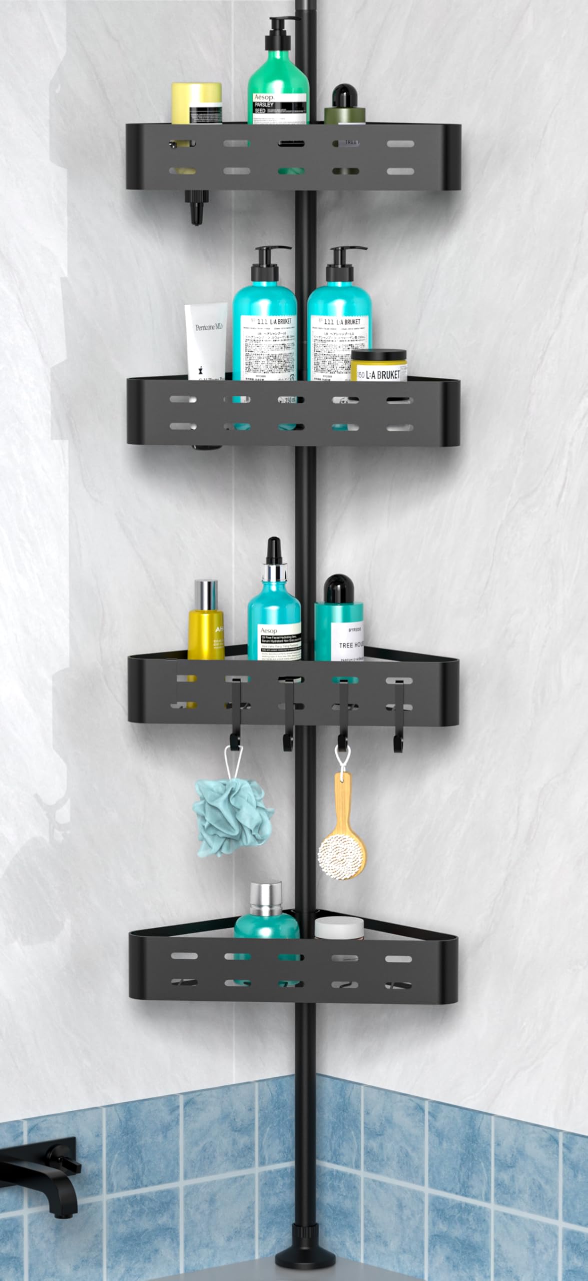 KEGII Shower Caddy Corner Tension Pole - Shower Organizer Rustproof, Black Shower Shelves Free Standing, Inside Shower Rack Shampoo Holder, Shower Storage Adjustable