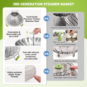 Pavsrmy Steamer Basket, 3rd Generation Stainless Steel Vegetable Steamer with Extendable Handle for Cooking Food, Folding & Expandable Veggie Steamer Insert, Fit Various Size Instant Pot (5.5" to 9")