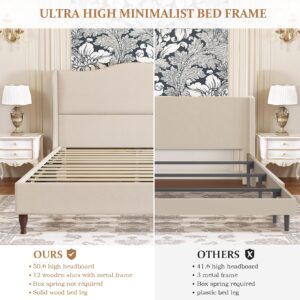 koorlian Queen Size Bed Frame Upholstered Platform Bed with 51" Tall Headboard Wingback, Soft Fabric, Retro Simple Style Platform Bed No Box Spring Needed, Easy Assembly, Beige