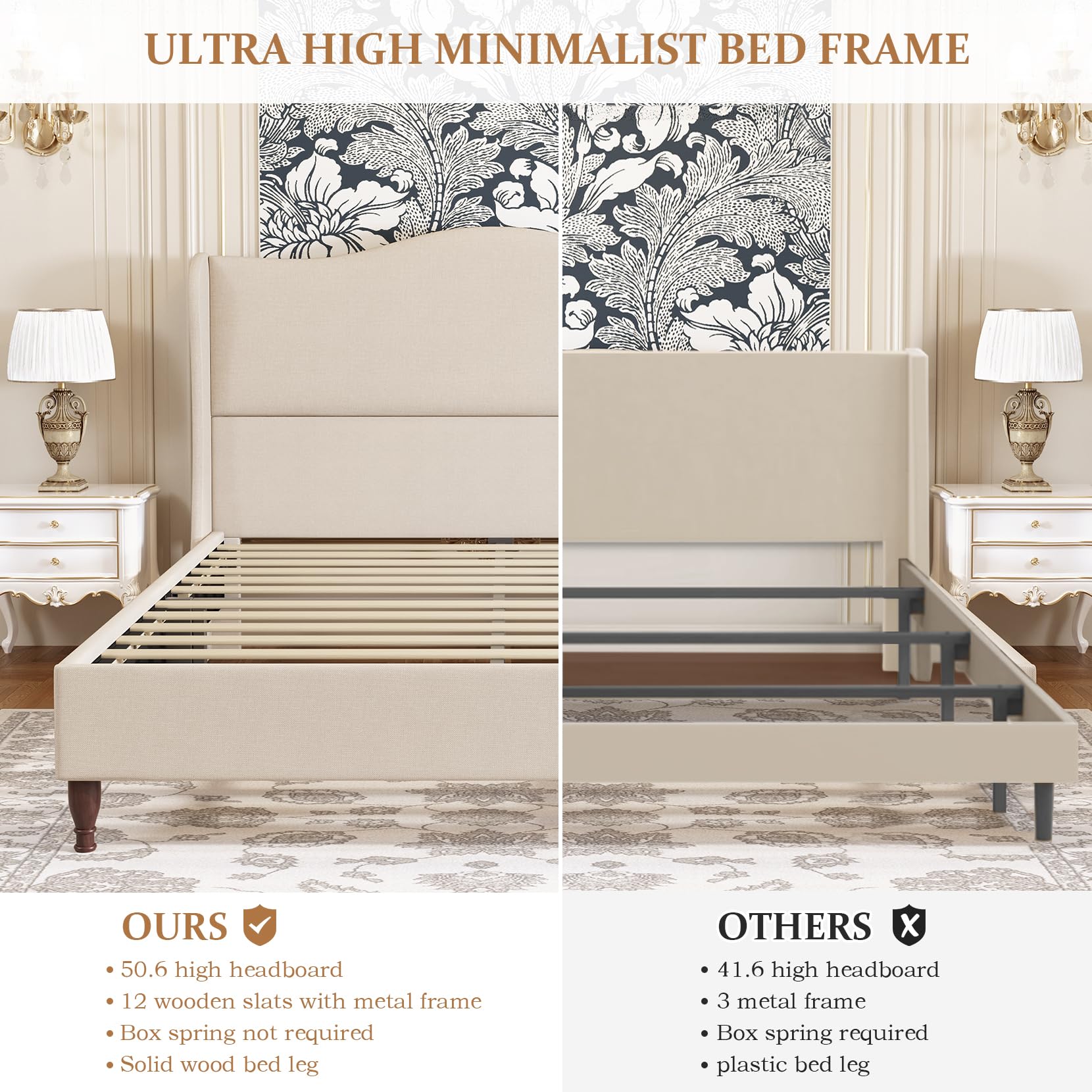 koorlian Queen Size Bed Frame Upholstered Platform Bed with 51" Tall Headboard Wingback, Soft Fabric, Retro Simple Style Platform Bed No Box Spring Needed, Easy Assembly, Beige