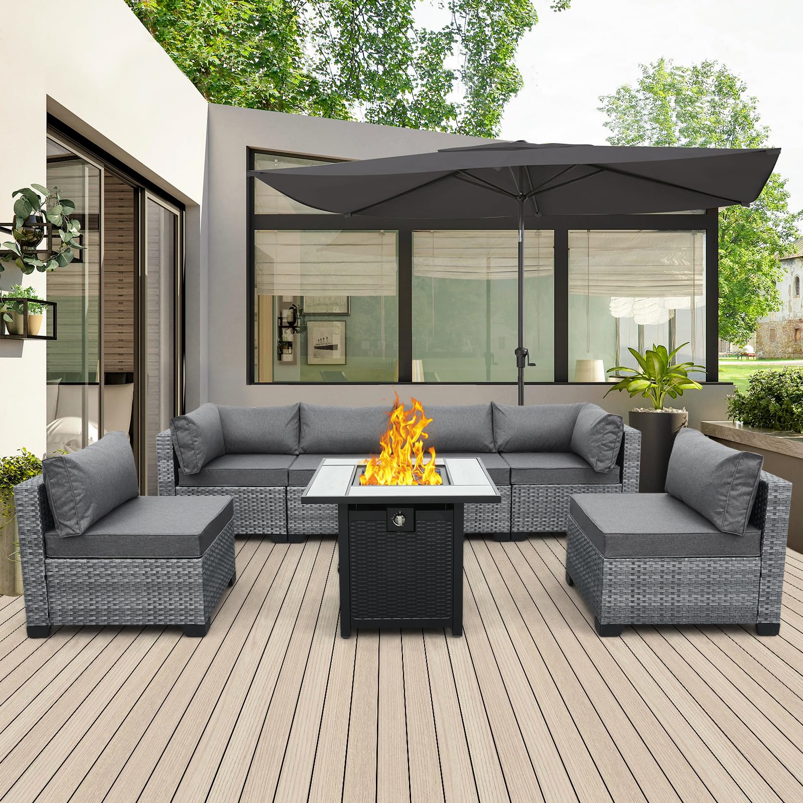 Valita 7 Piece Outdoor PE Wicker Furniture Set, Patio Gray Rattan Sectional Sofa Couch Adjustable Gas Fire Pit Grey Cushions