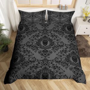 feelyou adults black vintage damask floral bedding set oriental antique comforter cover set king size gothic bohemia boho duvet cover exotic sugar skull bedspread cover 3pcs