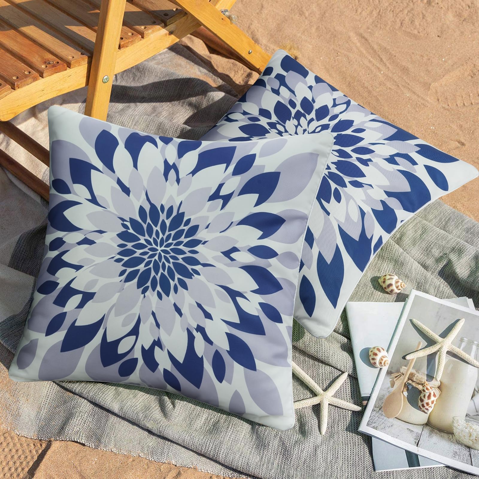 JASEN Outdoor Waterproof Pillow Covers, Blue Floral Pillow Covers, Set of 2 18x18, Double-Sided Decorative Outside Throw Pillows for Patio Furniture Couch Sunbrella Porch Garden