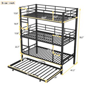 RuiSiSi Triple Twin Metal Bunk Bed with Trundle, 3 Twin Bunk Beds for Kids with Ladder, Can Be Divided Into 2 Beds, Heavy Duty Frame（Black）