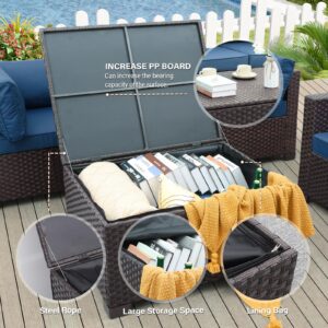 WAROOM Outdoor PE Wicker Coffee Table - Resin Rattan Patio Table Garden Furniture Backyard Storage Table with Waterproof Lining Bag, Brown