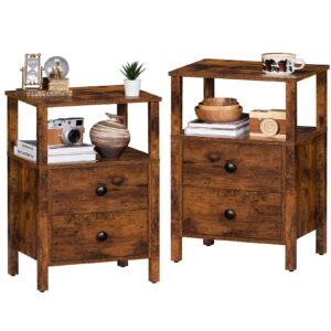 lerliuo night stand set of 2, small nightstand with 2 wood drawers and storage shelf, rustic bedside table with wooden frame, brown couch bed side tables for small spaces, nightstands for bedroom