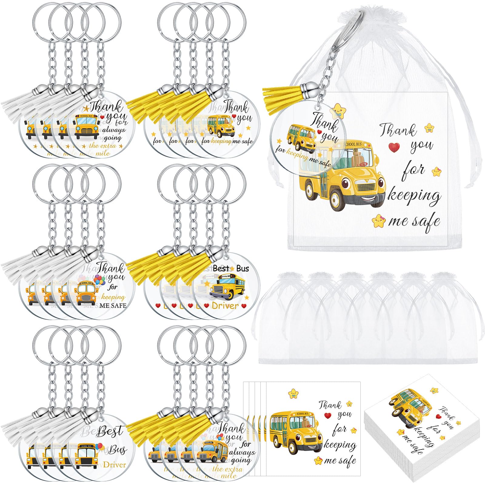 Geetery 24 Set Thanksgiving School Bus Driver Appreciation Gifts Christmas Gifts for Bus Driver Acrylic Keychain Gift with Tassel Keychain with Thank You Card and Organza Bag for Retirement Party