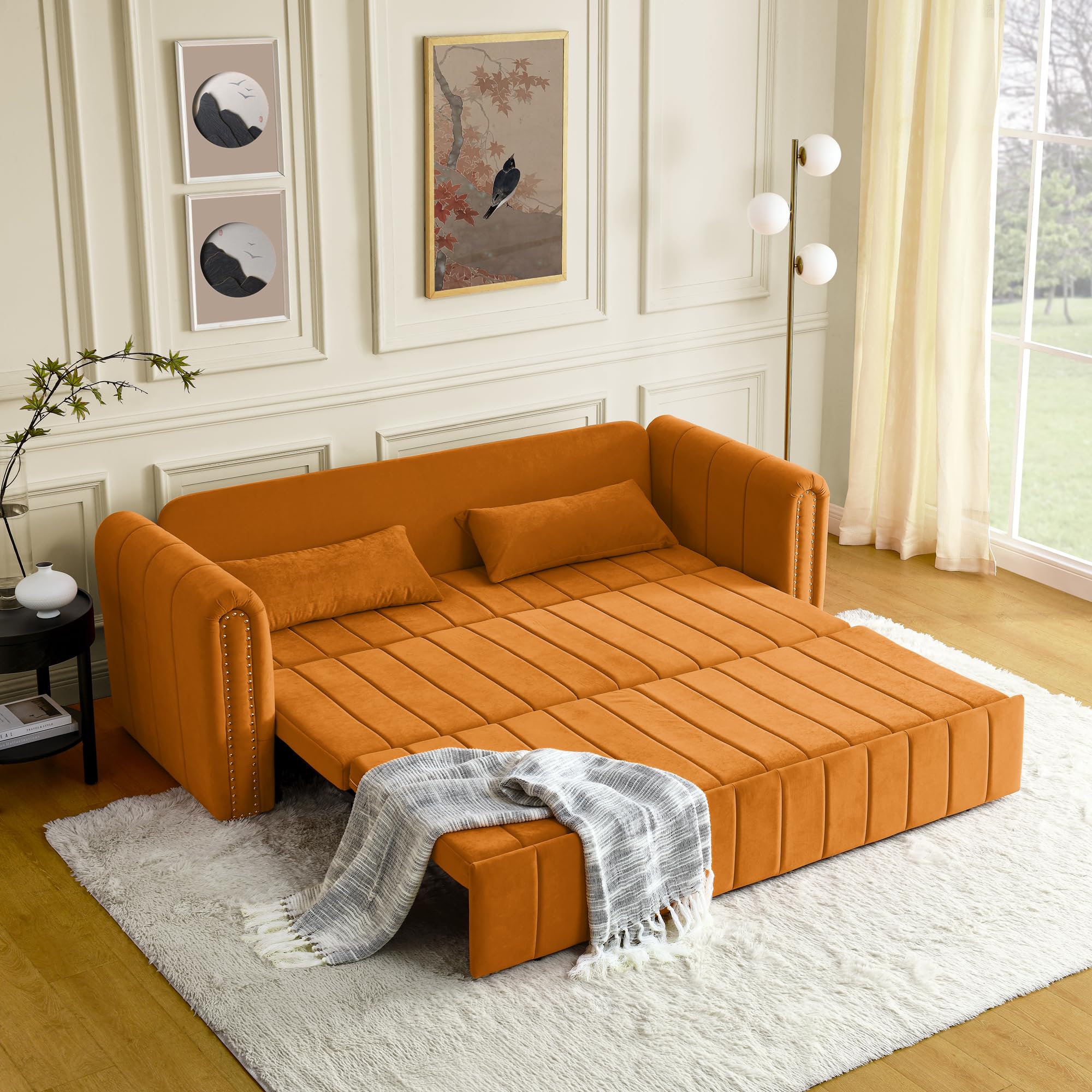 KIVENJAJA 82.3” Sleeper Sofa Bed Couch, Convertible 3-Seater Sofas with King Size Pull Out Sofabed, 3 in 1 Pullout Couches w/ 2 Drawers & Pillows for Living Room, Velvet, Orange