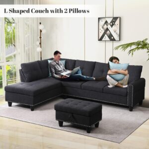 Rovibek L Shaped Sectional Couch with Ottoman and Pillows, 2 Cup Holders Design Living Room Sofa Set for Apartment, Office