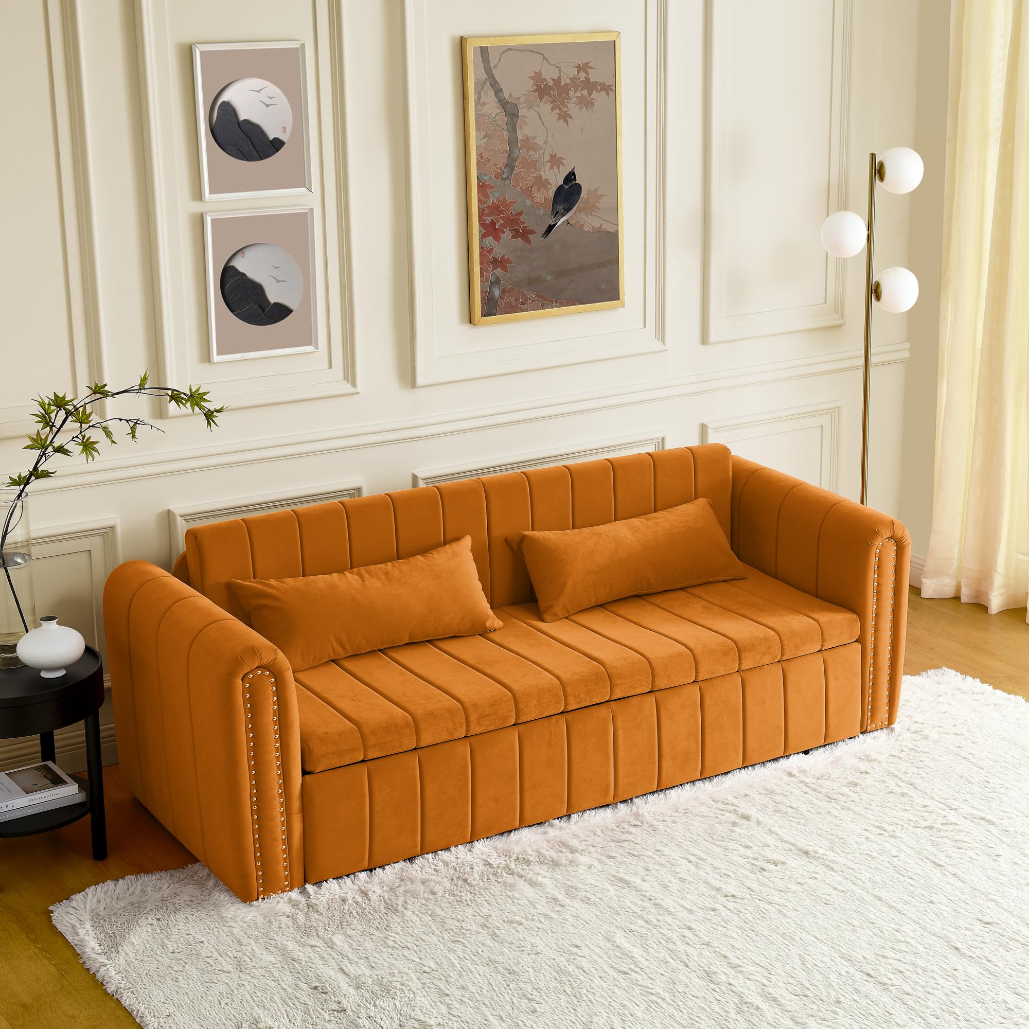 KIVENJAJA 82.3” Sleeper Sofa Bed Couch, Convertible 3-Seater Sofas with King Size Pull Out Sofabed, 3 in 1 Pullout Couches w/ 2 Drawers & Pillows for Living Room, Velvet, Orange