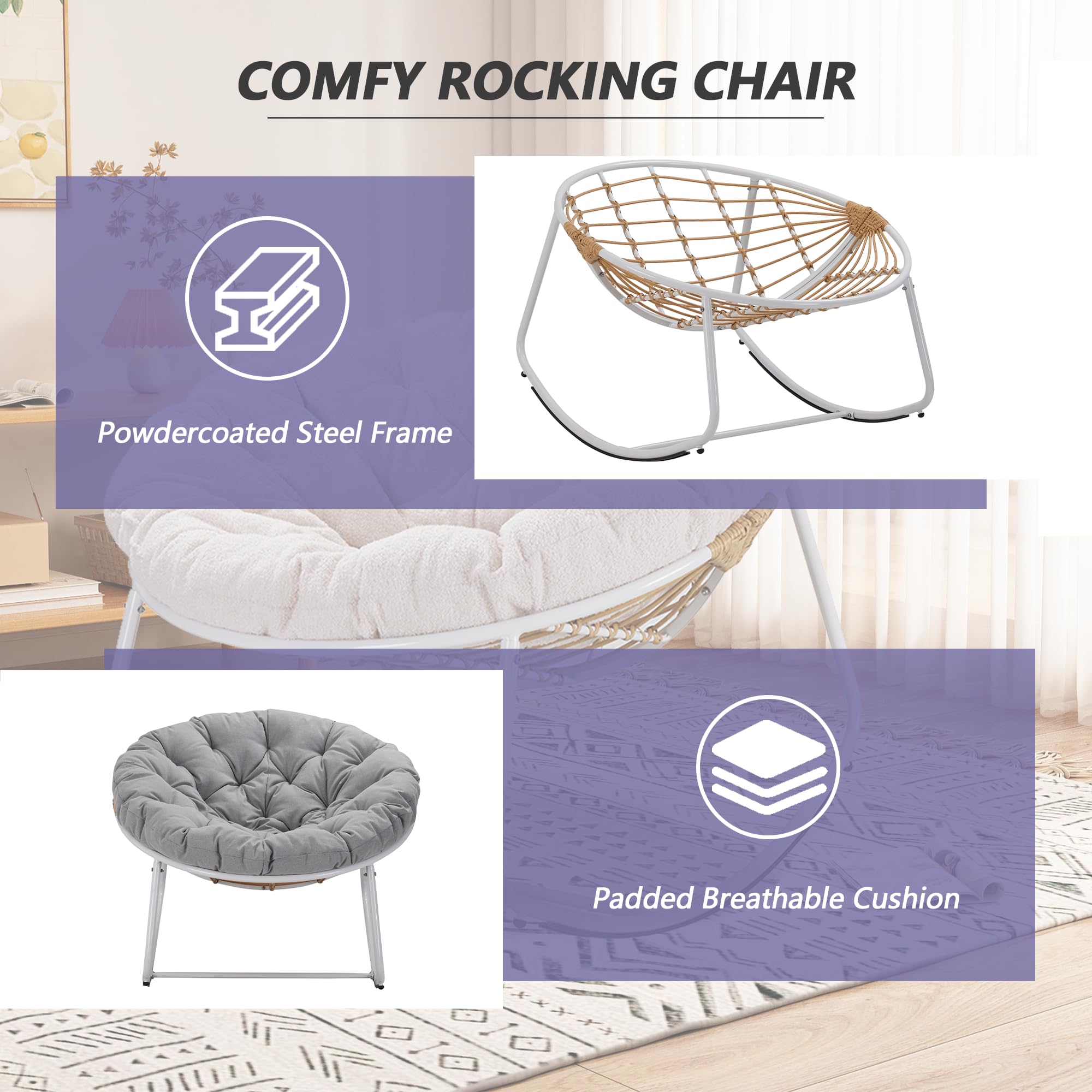 Naga Bahna Outdoor Round Rocking Chair, Patio Wicker Egg Chair, Comfy Oversized Papasan Chair with Light Grey Padded Cushion, Royal Rattan Rocker for Living Room, Front Porch, Patio