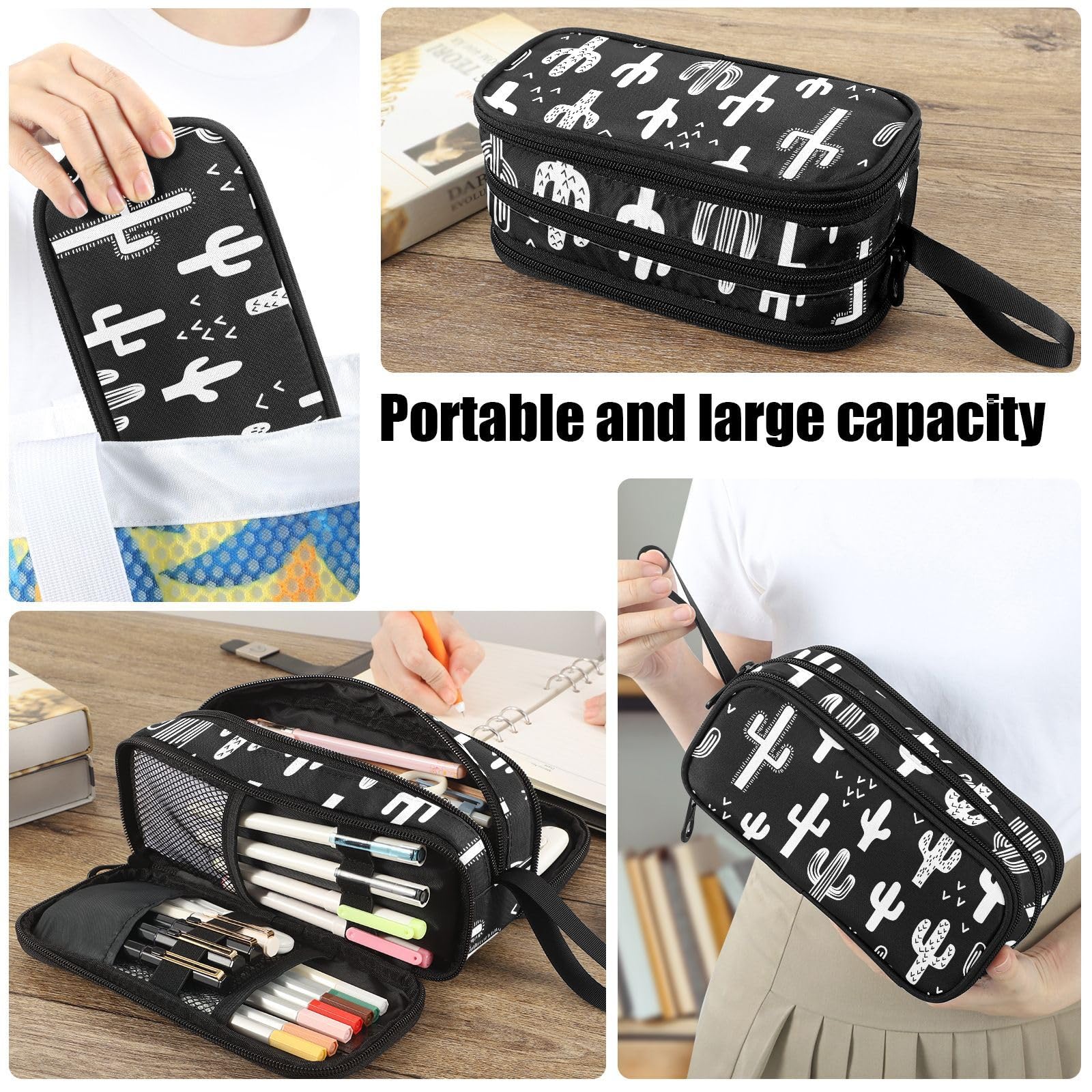 Fustylead Black and White Fun Western Cactus Pencil Pen Case with 3 Compartments, Lightweight & Spacious Stationery Bag Cosmetics Bag