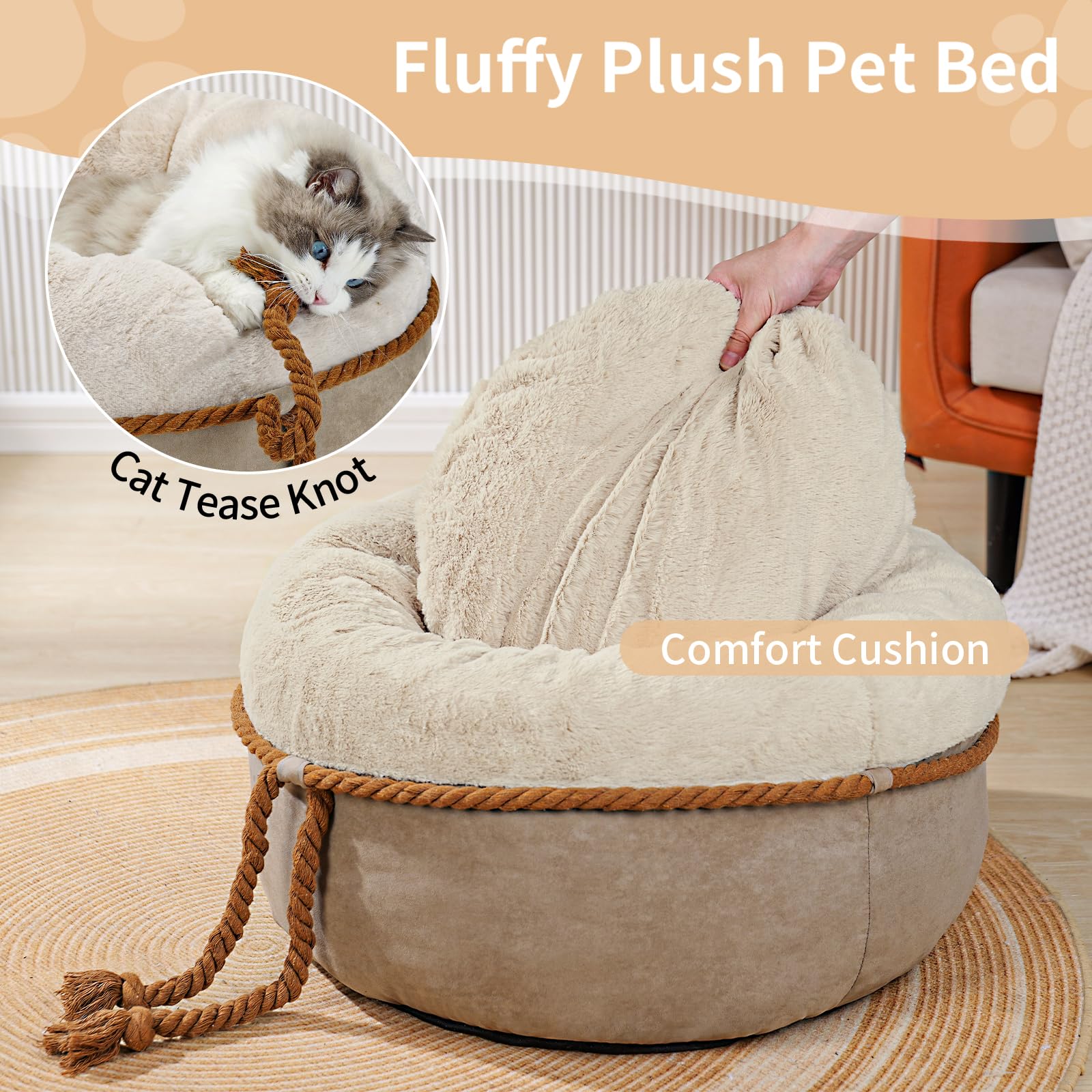 寵幸 Cat Beds for Indoor Cats - Donut Washable Small Pet Bed, 22 inches Anti-Slip Round Fluffy Plush Large Cat Bed, Warm and Thicked Dog Bed, Light Brown