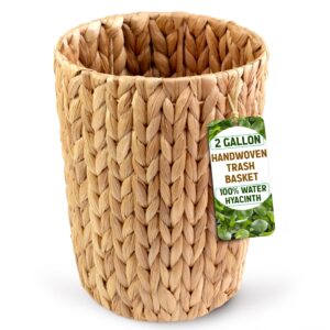 kenhandcraftvn wicker trash can bathroom, cylinder small wicker trash basket, handwoven water hyacinth trash can, wicker waste basket for bathroom, bedroom, office, living room, small space 1 pack