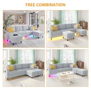 SKKTKT LED Sectional Couches for Living Room, Modular Sectional Sofa Set with Storage Ottomans, Oversized U Shaped Sofa Couch with Auto Sensor RGB Lights and Charging Station (Light Grey)